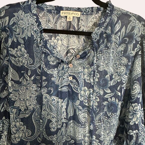 Frye and Co Floral Print Ruffle Sheer Metallic Thread Boho Pheasant Blouse (XL) - Picture 4 of 11
